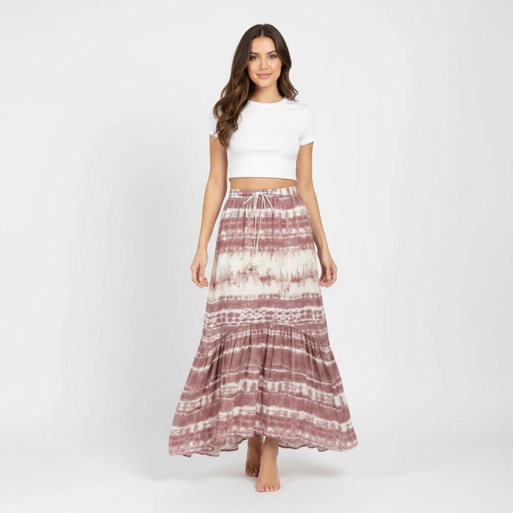 Love Stitch Boho Mauve Tie Dye Midi Skirt Tassel Festival Small Vacation Flowy